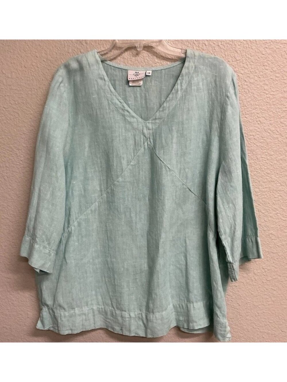 Hot Cotton 100% Linen Tunic Blouse V-Neck 3/4 Sleeve Blue Women’s Size 1X